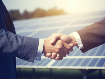 two individuals sealing deal with handshake front green energy solar panel man shaking hands with engineer solar plant ai generated 1